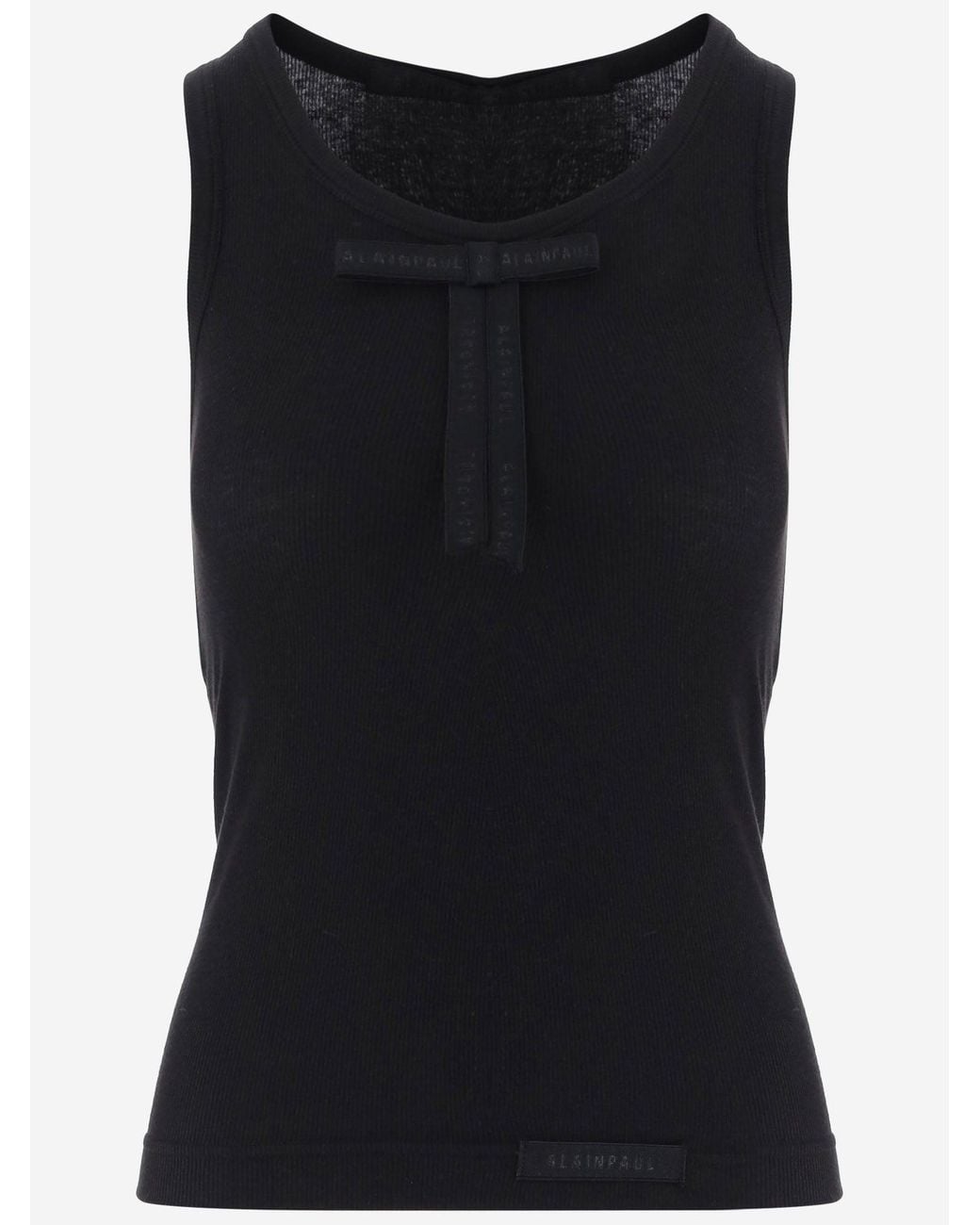 ALAINPAUL Black Ribbed Lyocell Blend Top With Bow Tops