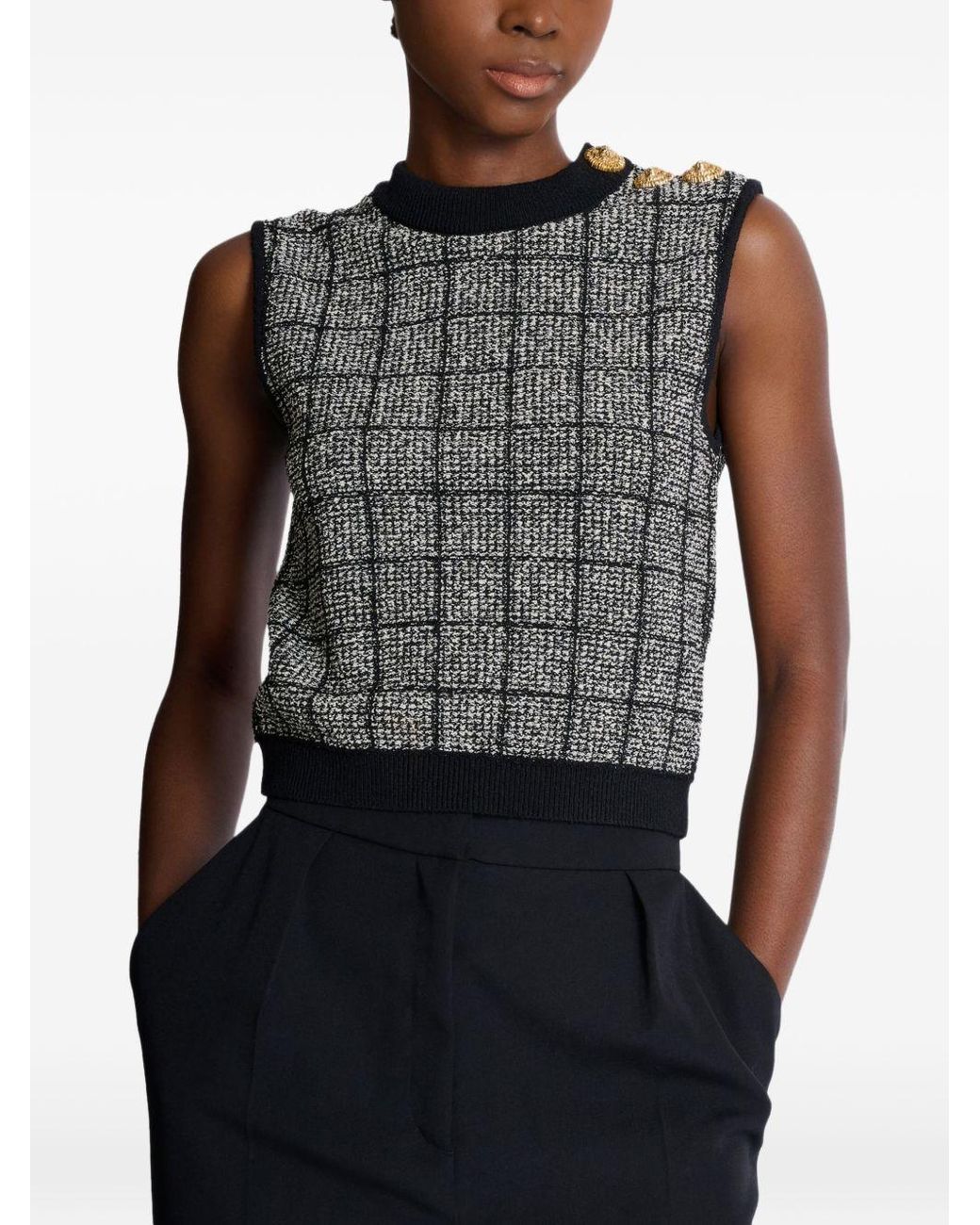 Balmain Gray Tweed Crop Top With Buttons