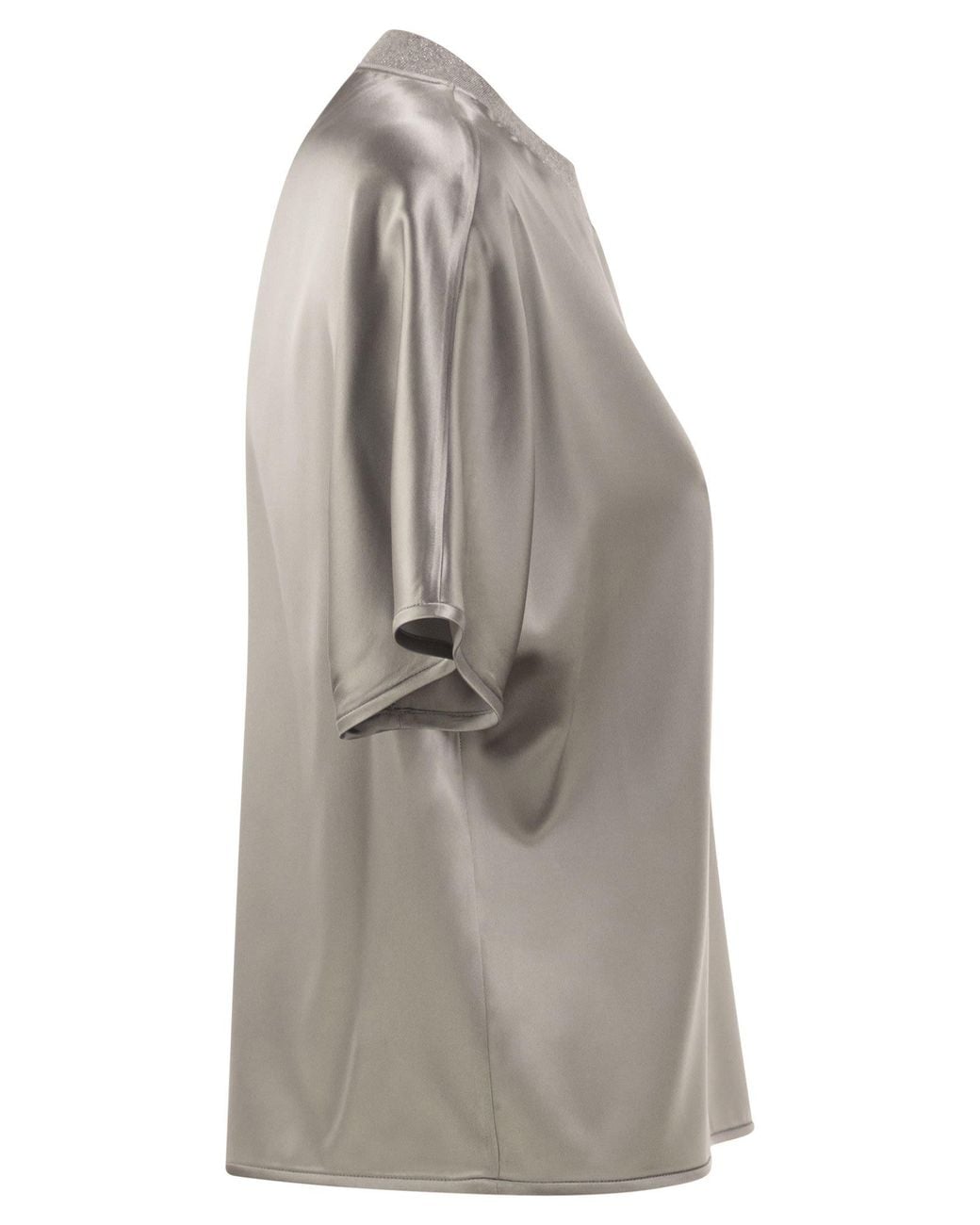 Peserico Gray Stretch Silk Blouse With Lurex Knit Neckline