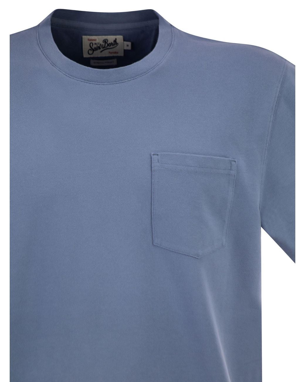 Mc2 Saint Barth Blue Stretch Cotton Piqué T Shirt With Patch Pocket