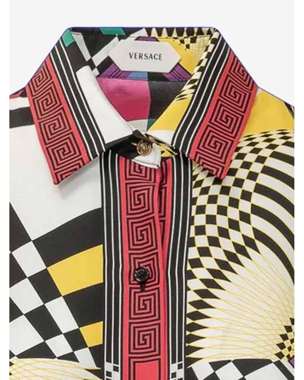 Versace Blue Multi Silk Geometric Print Long-Sleeve Shirt