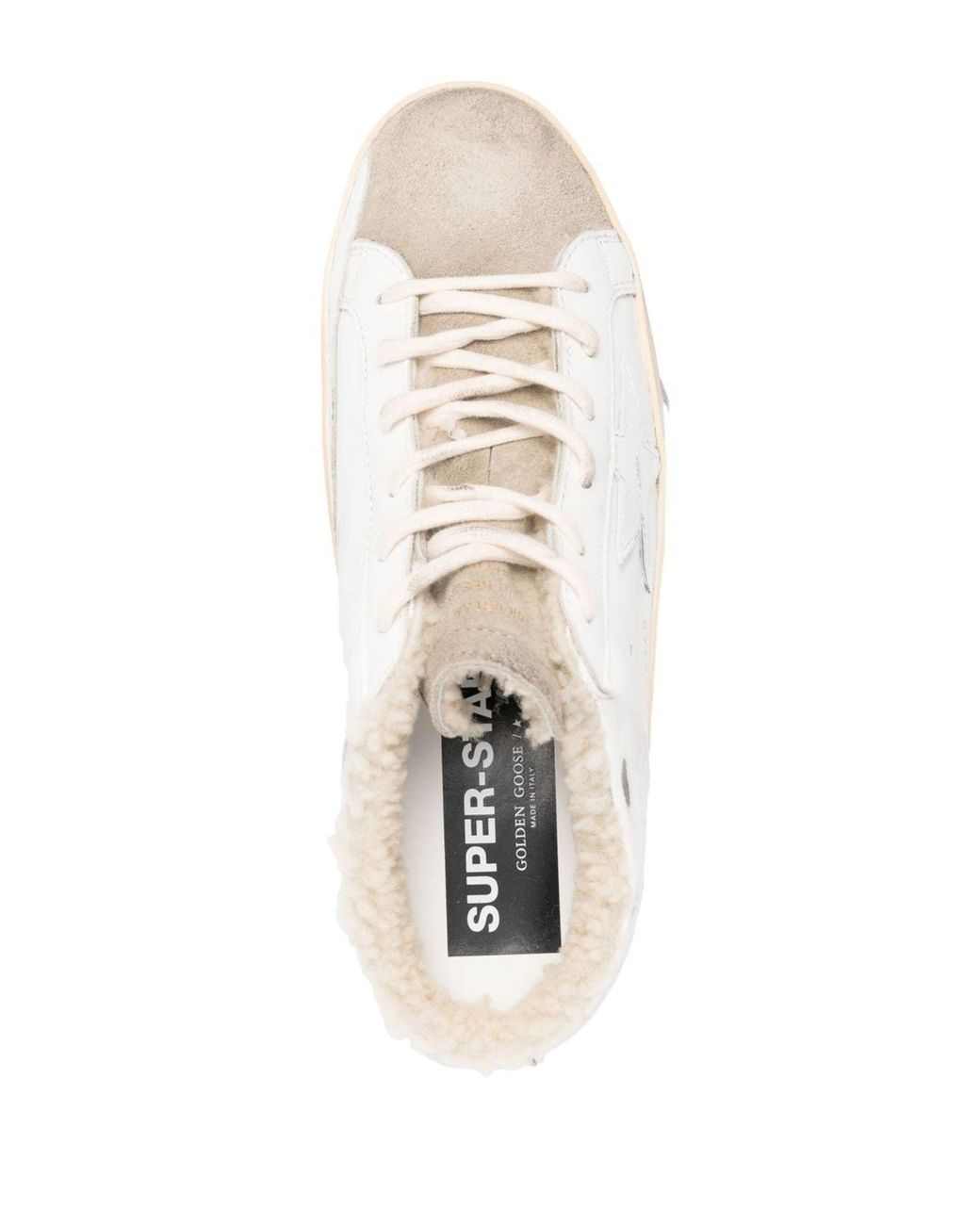 Golden Goose Deluxe Brand White Super Star Sabot Leather Upper Suede Toe Shiny Leather Star Shearling Lining