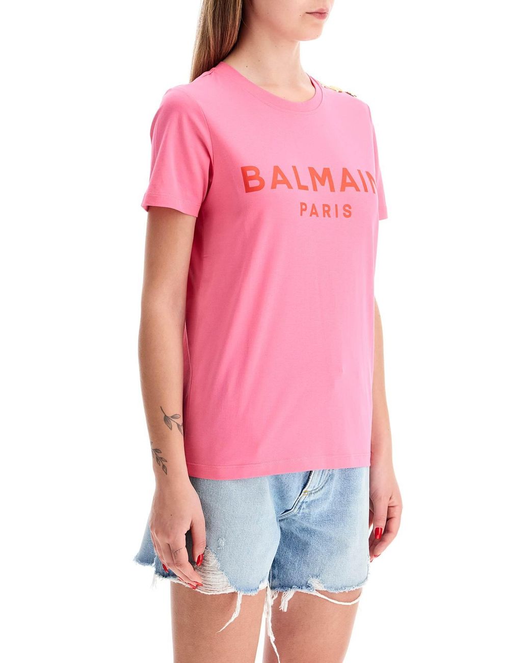 新品 BALMAIN ピンク Tシャツ XS ボタン付き Balmain Logo T-Shirt With Buttons in Pink | Lyst