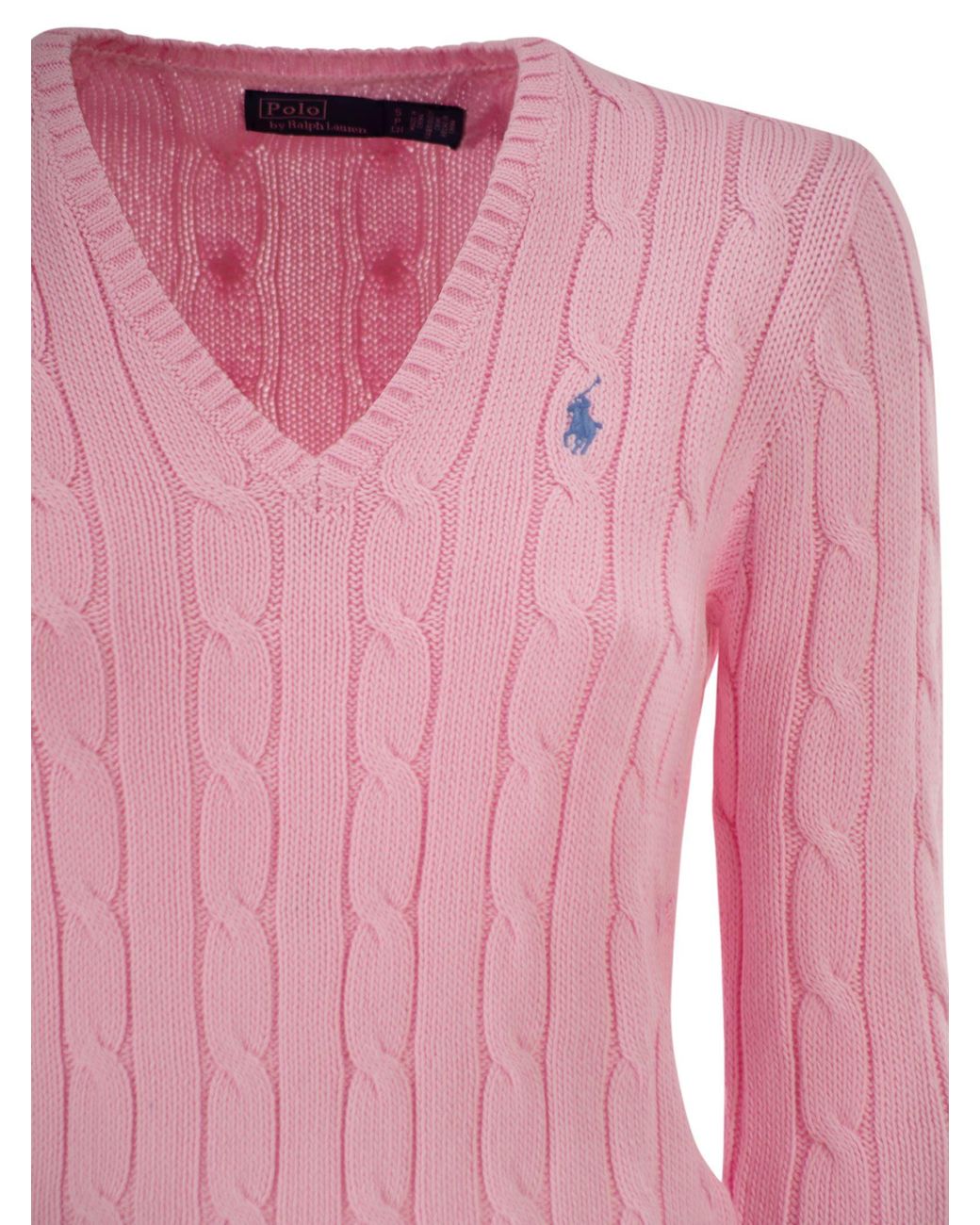 Polo Ralph Lauren Pink Cotton Cable Knit Jumper With V-Neck