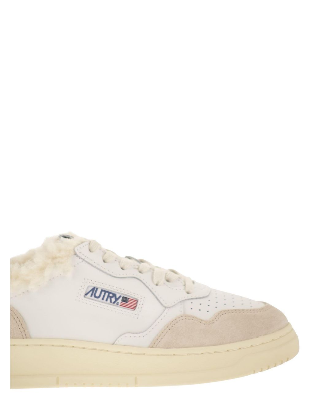 Autry White Medalist Leather Trainers With Shearling Trim