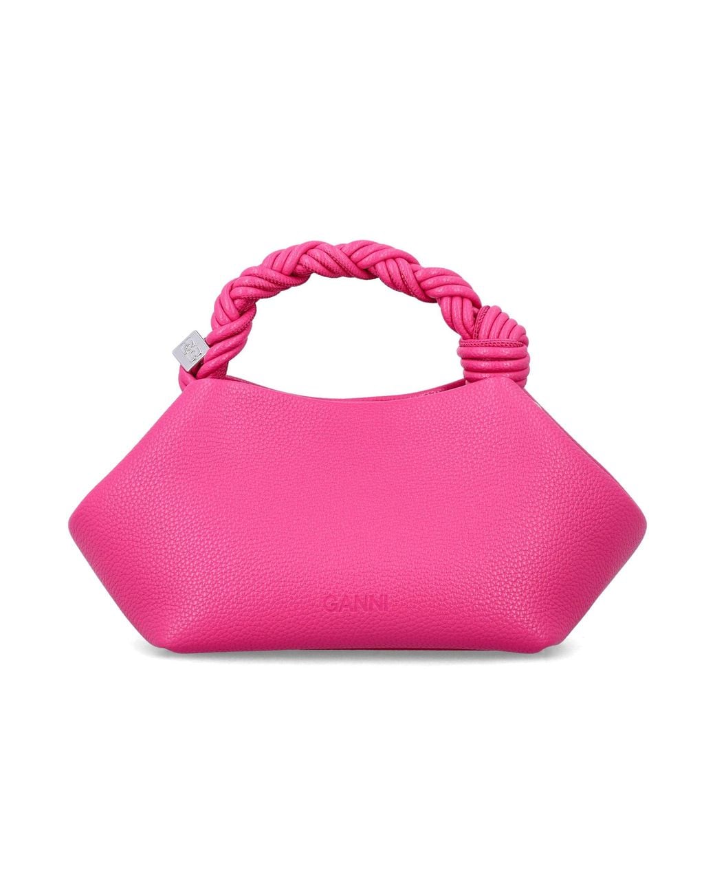 Ganni Pink Mini Grained Handbag With Braided Knotted Handle & Metallic Dice Accent