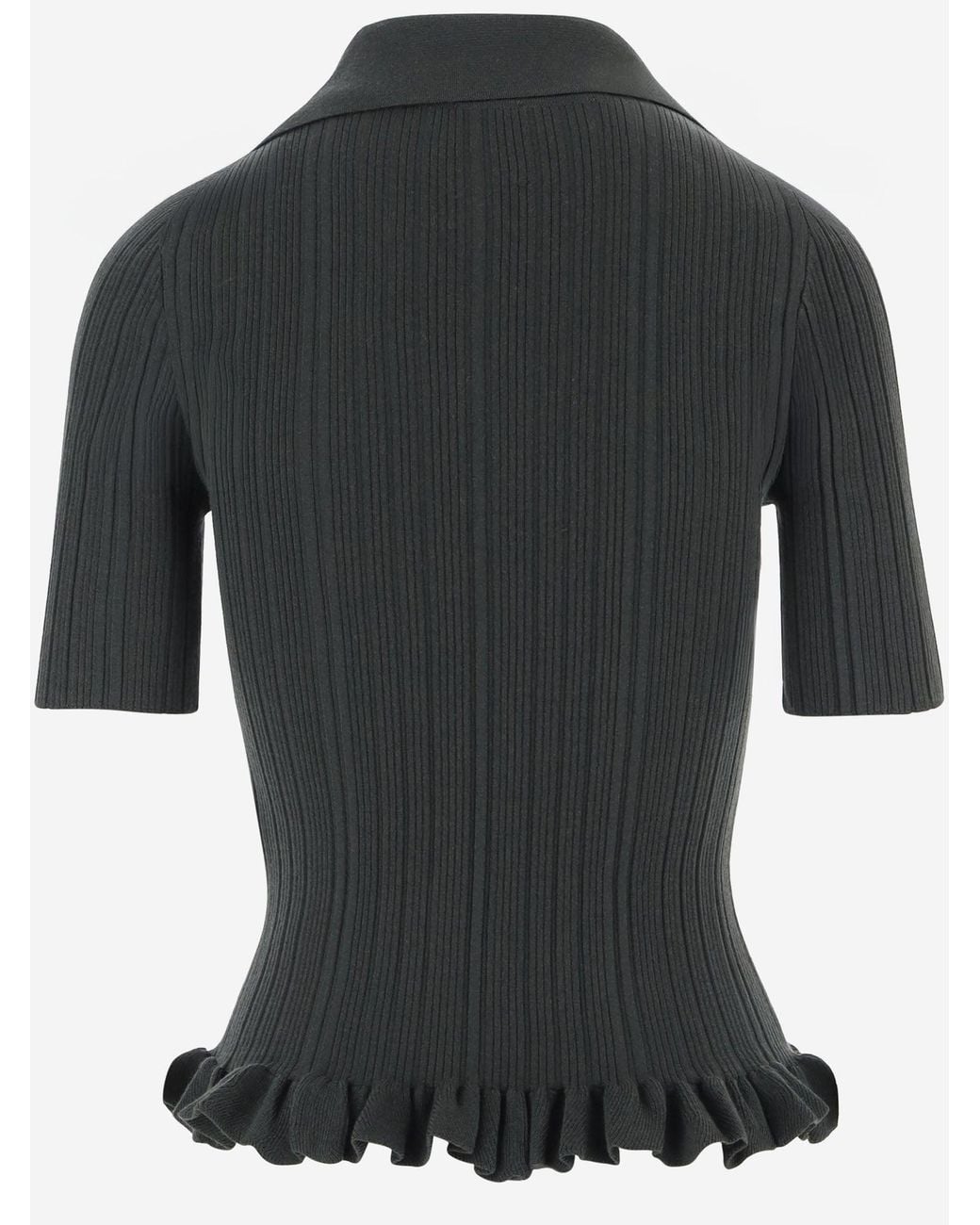 Patou Black Sweater With Ruffles Stretch Wool Blend Merino