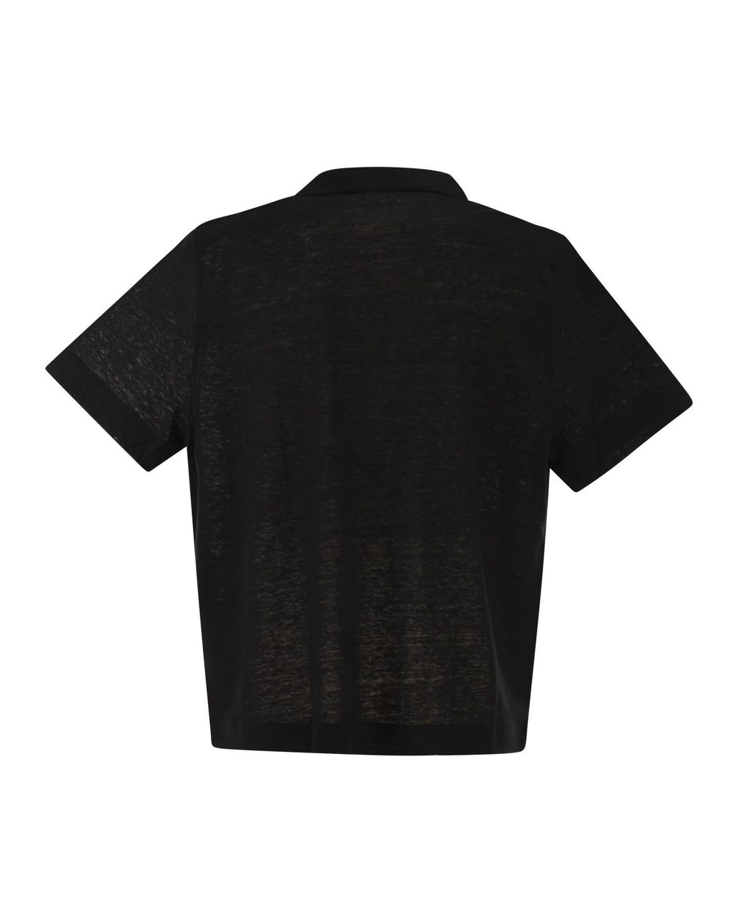 Majestic Black Cropped Linen Stretch Polo With V Neck