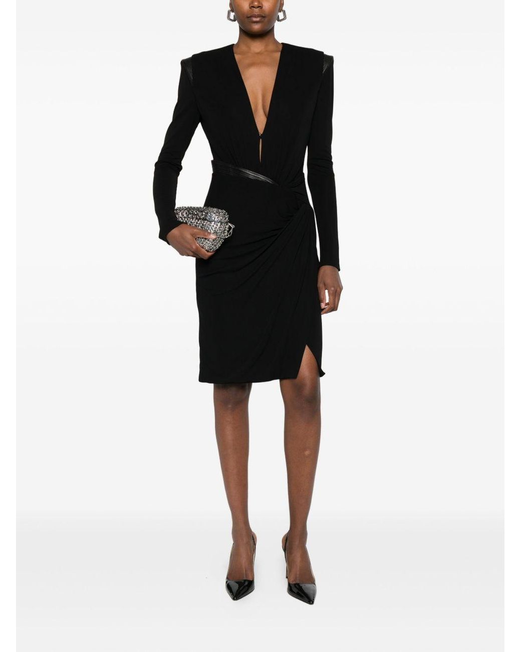 Versace Midi-Jurk Met Lange Mouwen En V-Hals in het Black