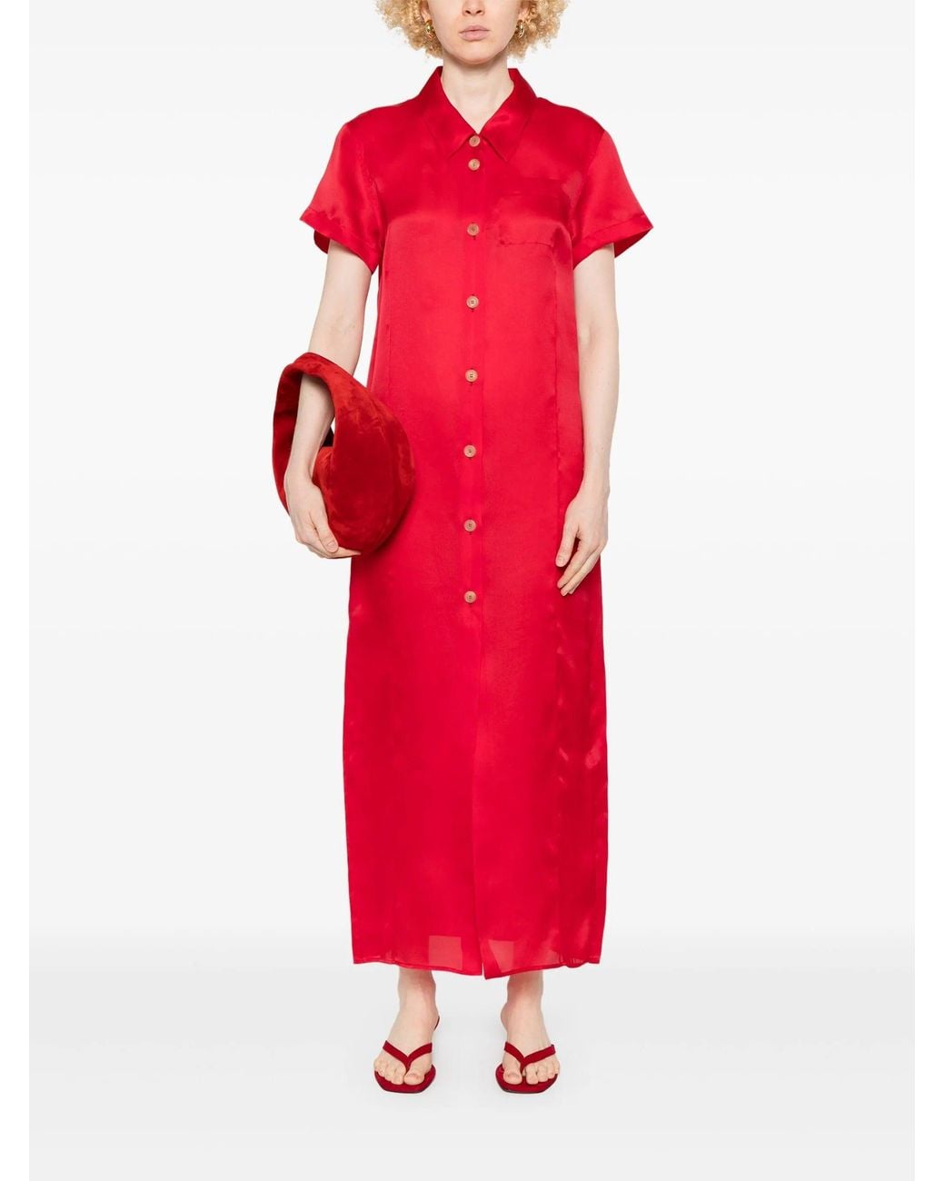 Khaite Red Silk And Cotton Blend Long Shirtdress