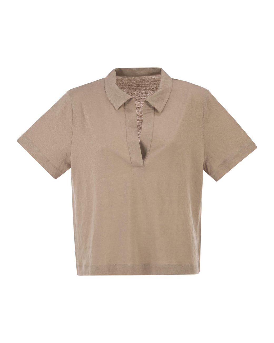 Majestic Natural Cropped Linen Stretch Polo With V Neck