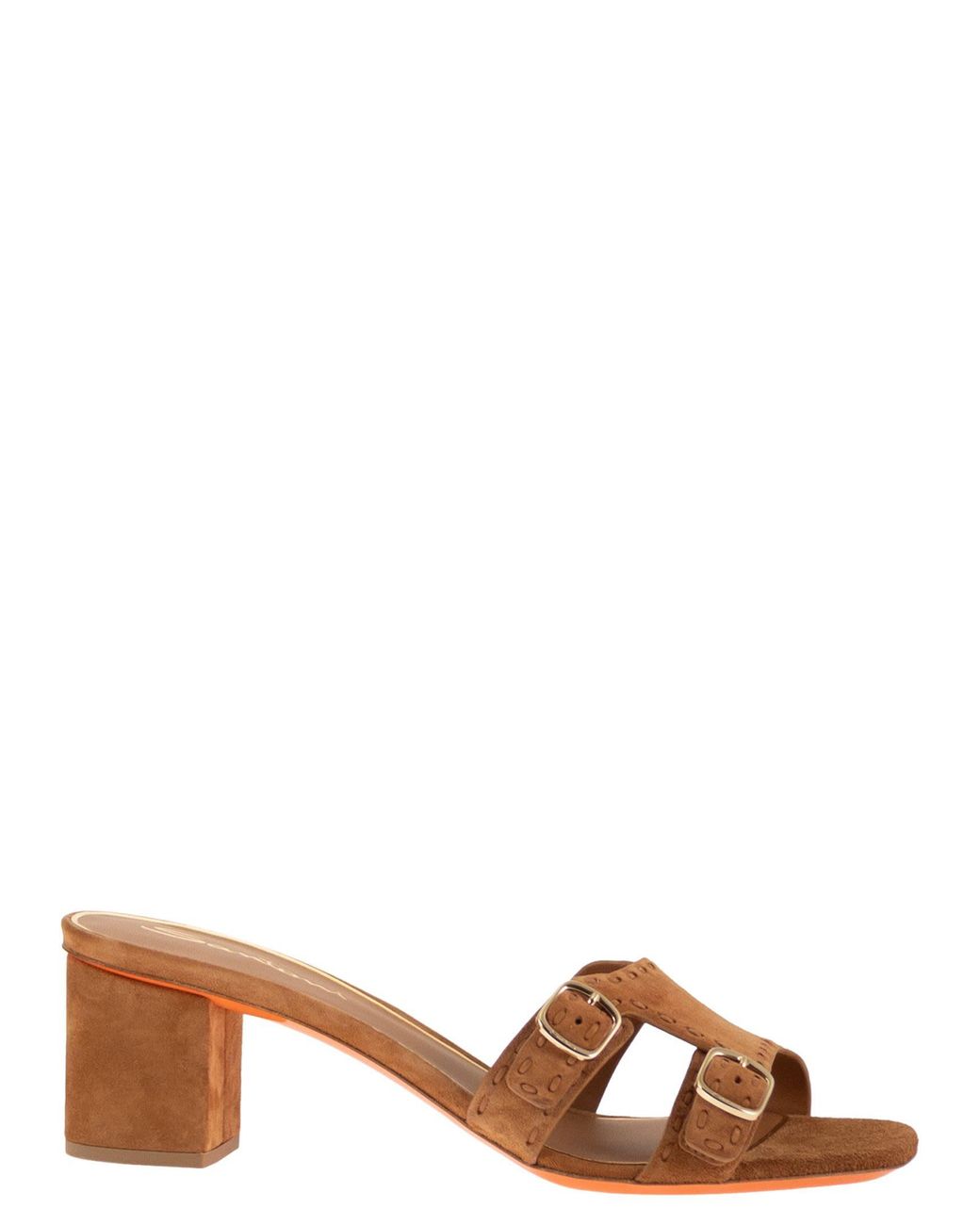 Santoni Brown Suede Mule Sandals With Double Buckle And Block Heel
