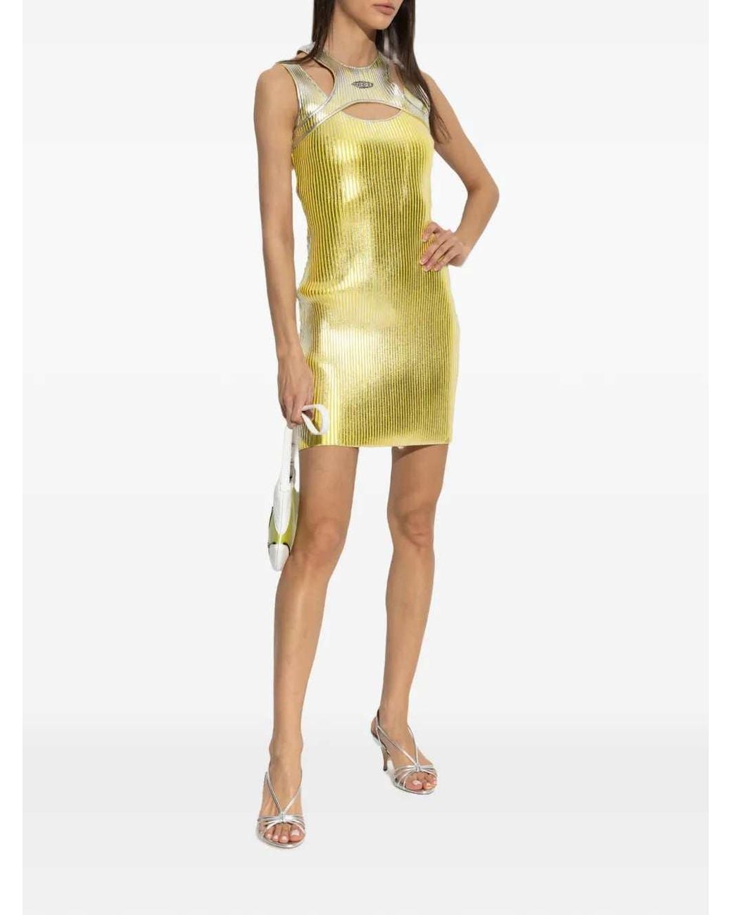 Casablanca Yellow Mini Dress With Cutouts And Metallic Print