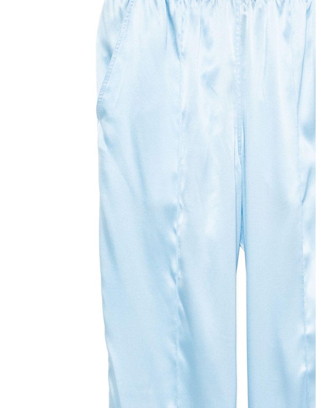 Tom Ford Blue Ice-Colored Stretch Silk Satin Pajama-Style Trousers With Velvet Waistband And Embroidered Logo