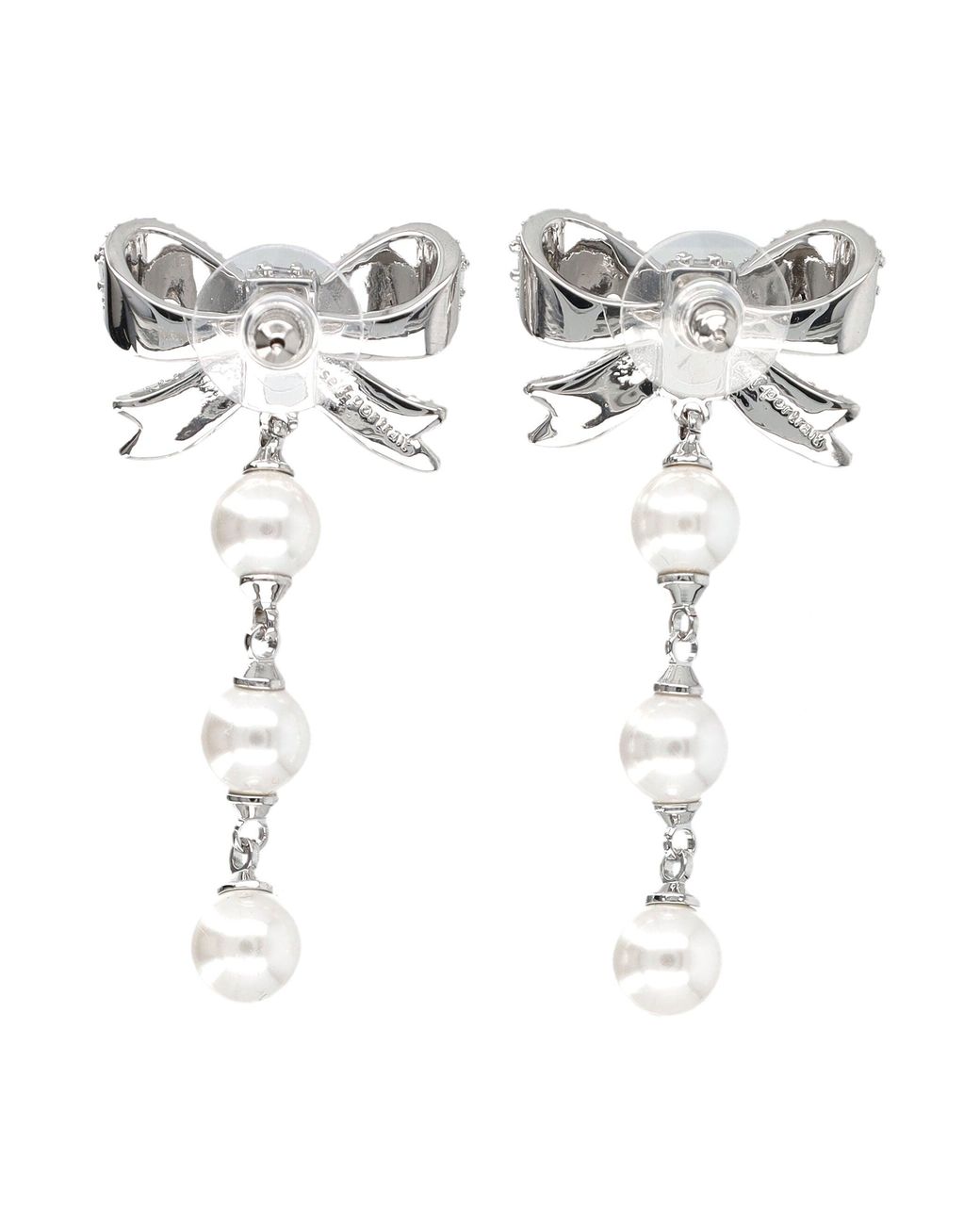 Self-Portrait White Tone Bow Mini Drop Earrings With Faux Crystal Droplets