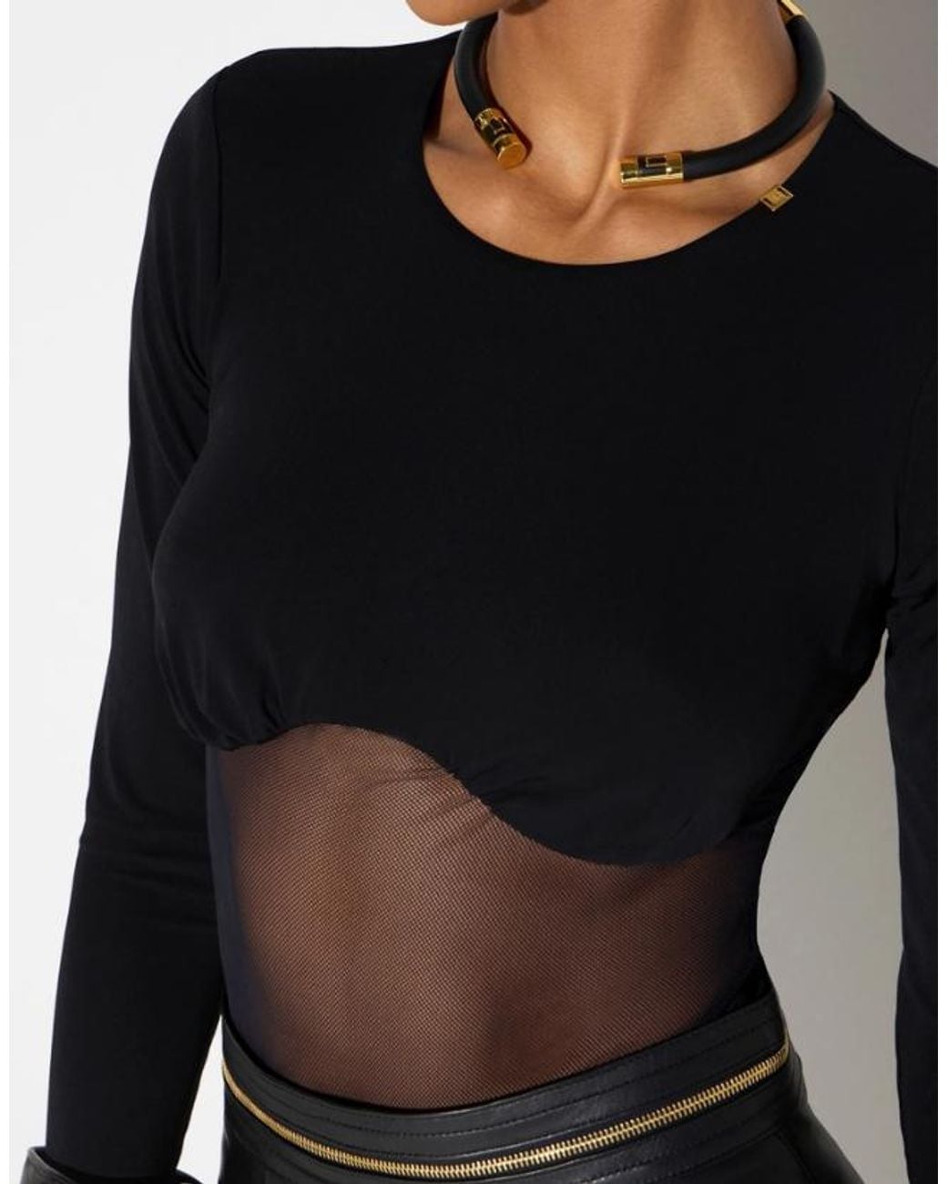 Elisabetta Franchi Black Jersey Crepe And Mesh Bodysuit