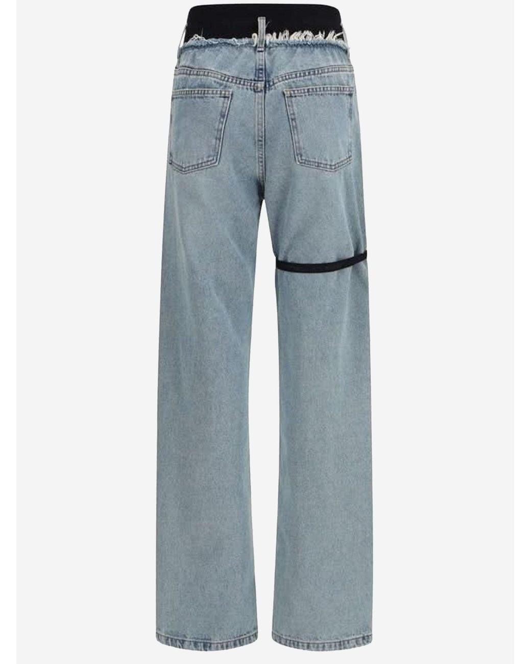 ALAINPAUL Blue Wide Leg Cotton Jeans With Contrast Band
