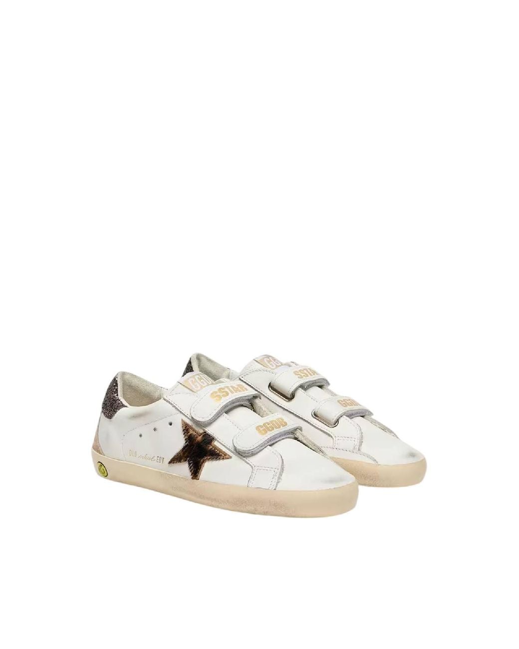 Golden Goose Deluxe Brand White Sneakers Old School Leather Upper Tongue And Strap Horsy Star Suede Spur Glitter Heel/Leopard