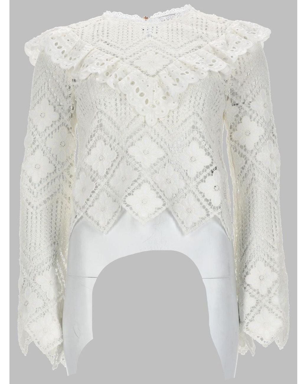 Self-Portrait White Crochet Top With Lace Inserts Tops