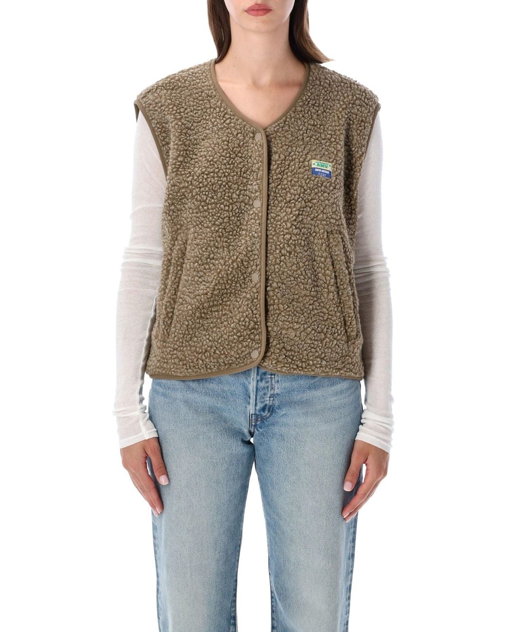 American Vintage Natural Teddy Fleece Snap-Front Vest