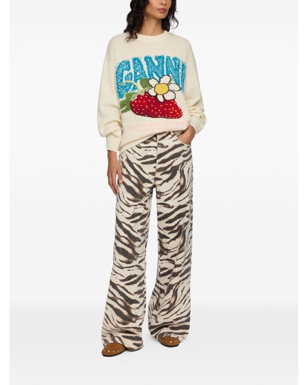 Ganni White Wool Crewneck Sweater