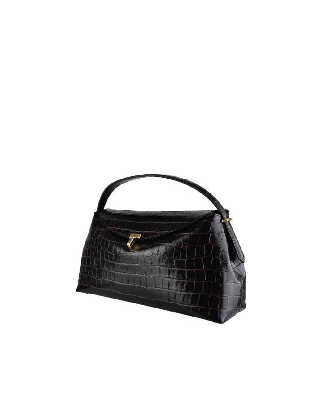 Totême Black T Lock Croco Embossed Top Handle Bag