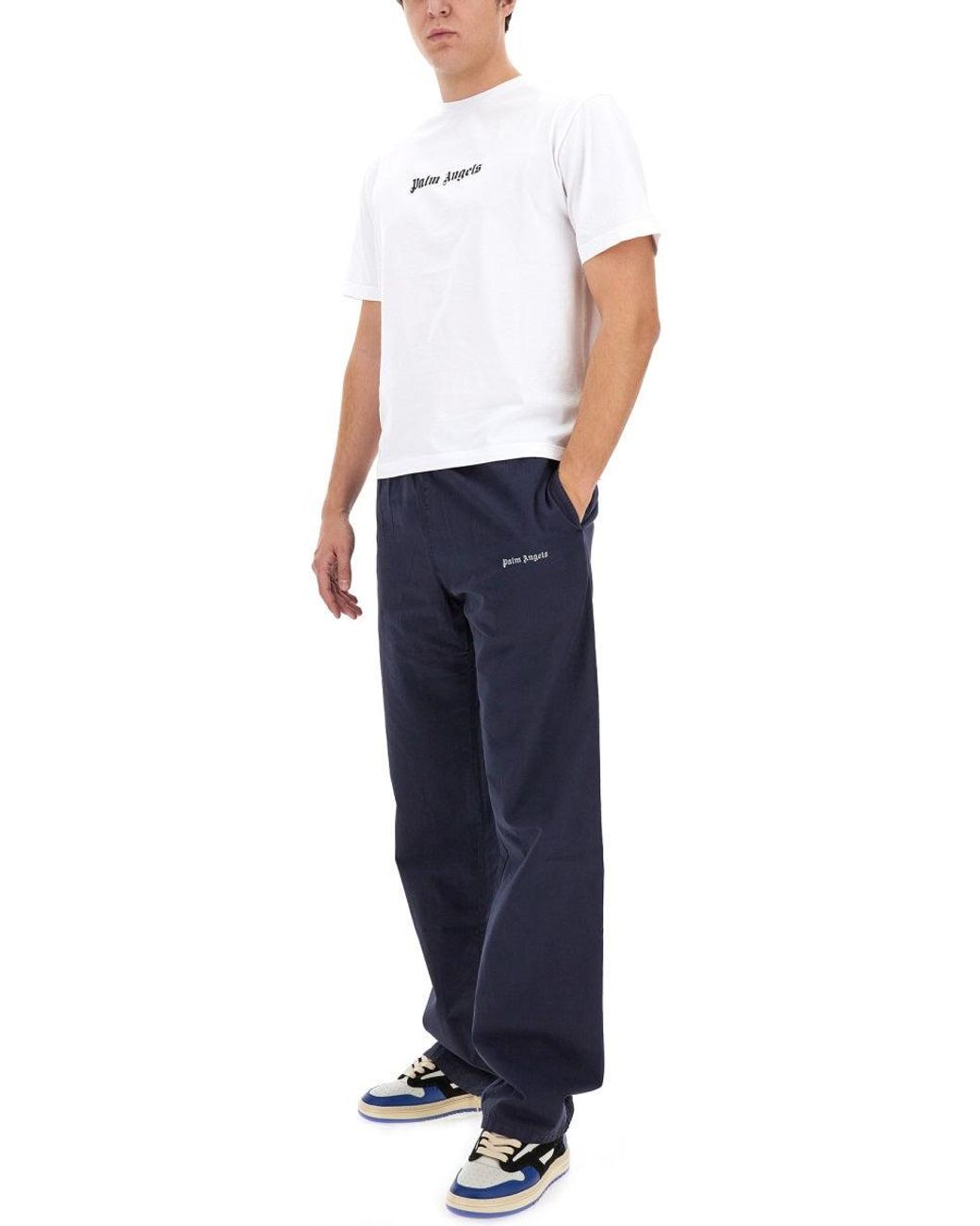 Palm Angels Blue Pants With Logo for men