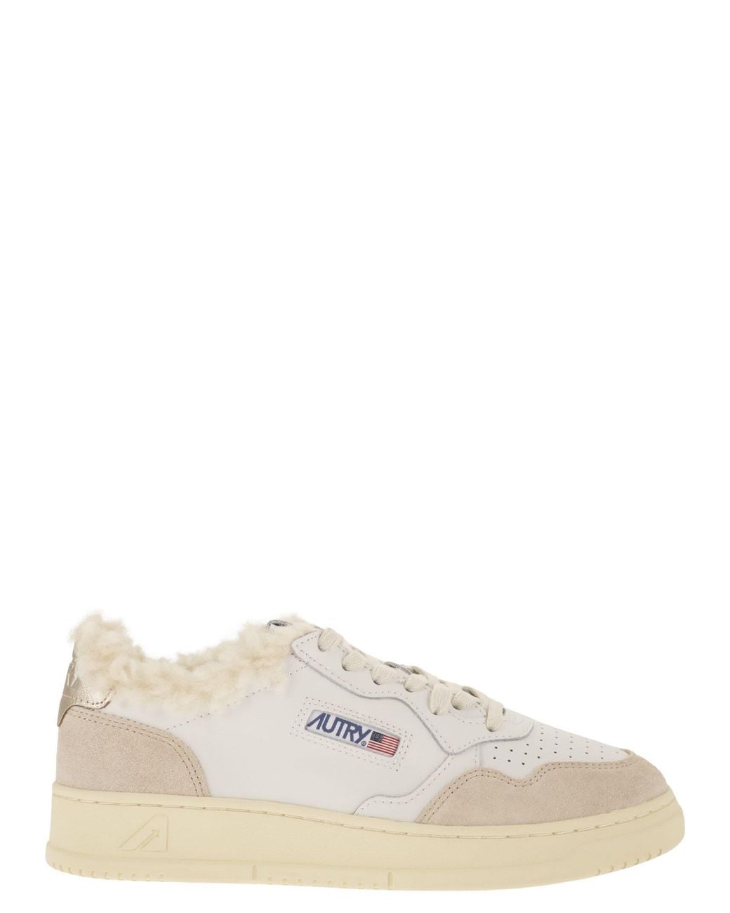 Autry White Medalist Leather Trainers With Shearling Trim