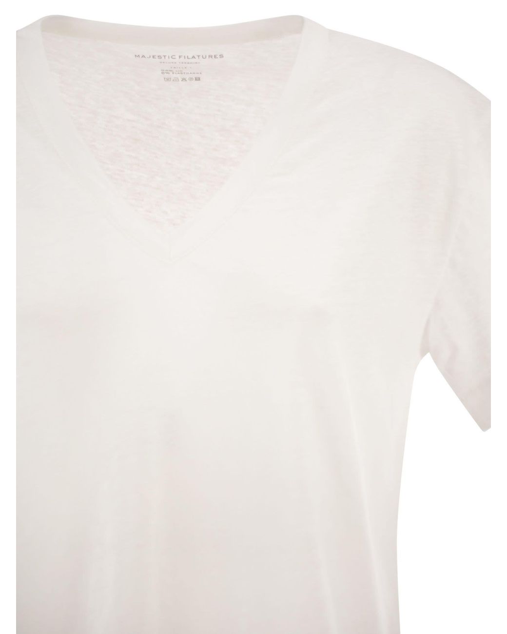 Majestic White Stretch Linen T Shirt With V Neck