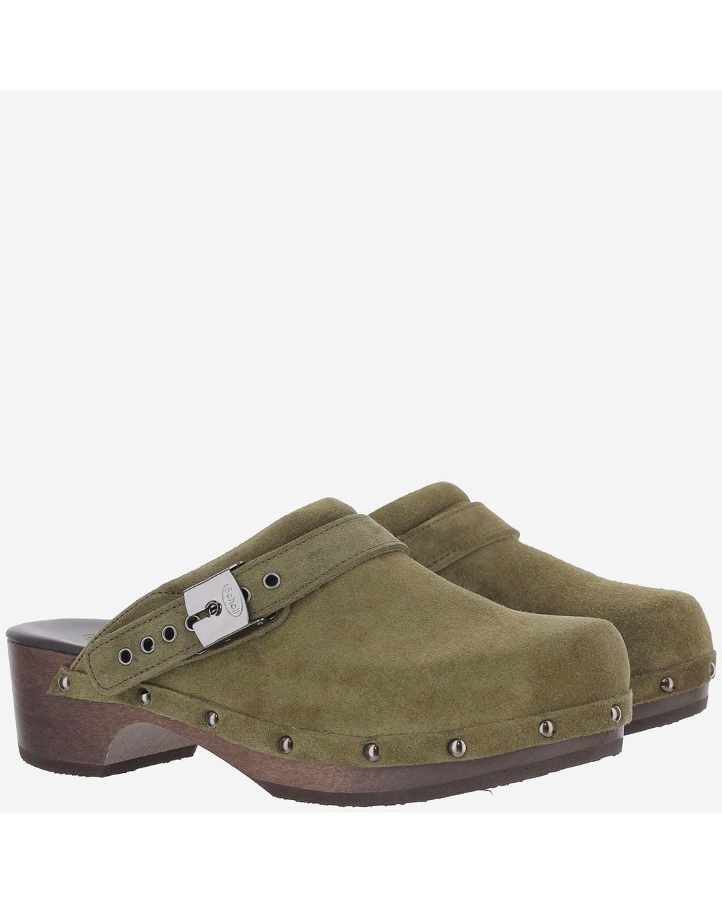 Scholl Green Wood And Suede Clogs