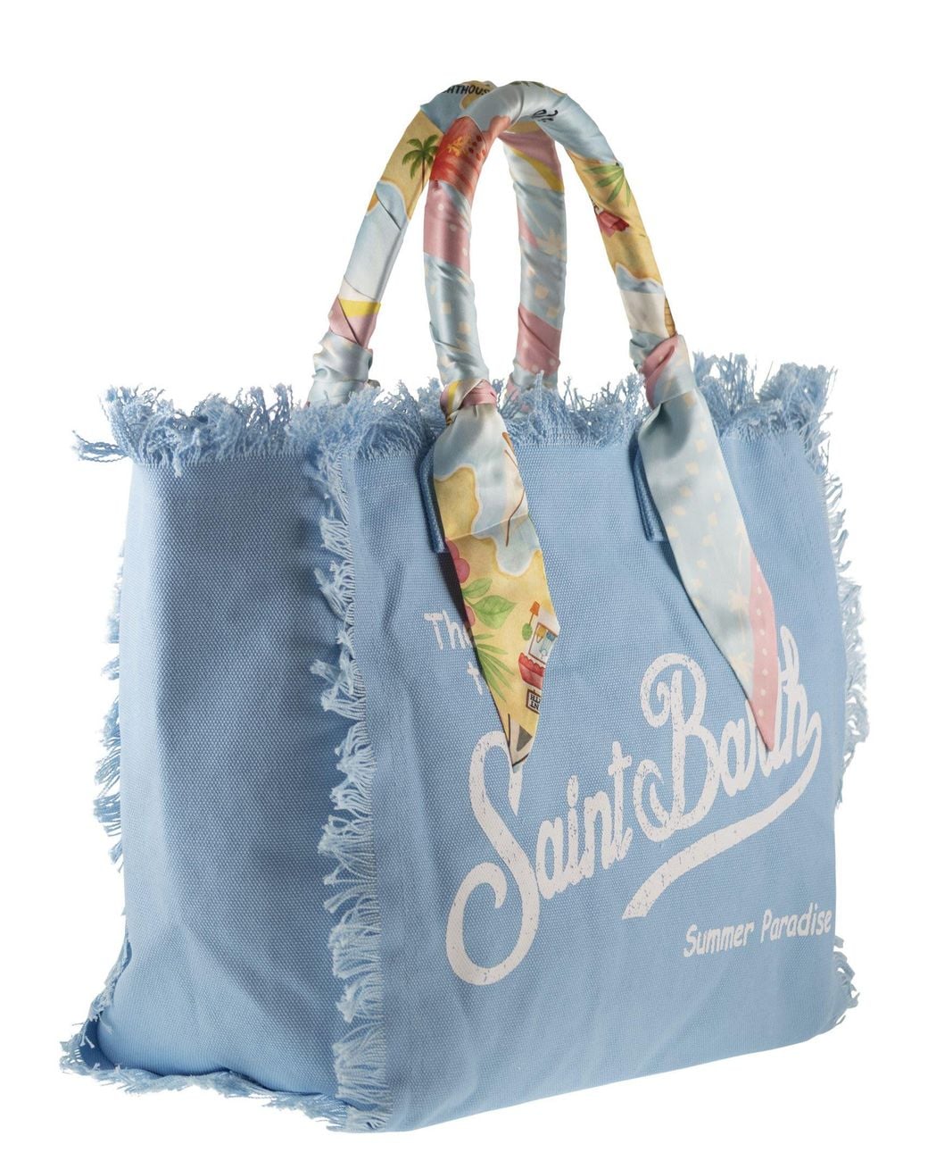 Mc2 Saint Barth Blue Canvas Tote Bag With Scarf Wrapped Handles