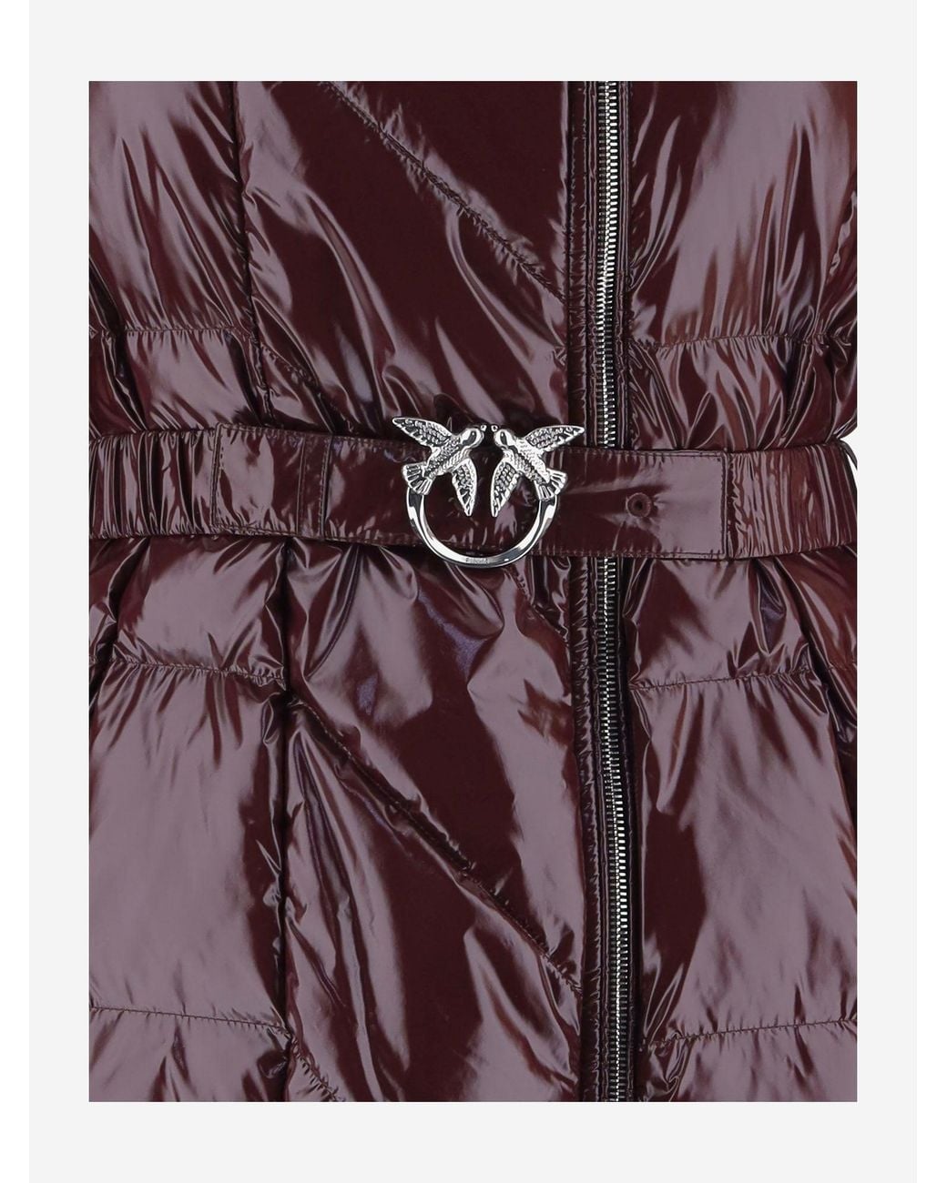 Pinko Purple Glossy Quilted Down Coat With Decorative Bird Buckle
