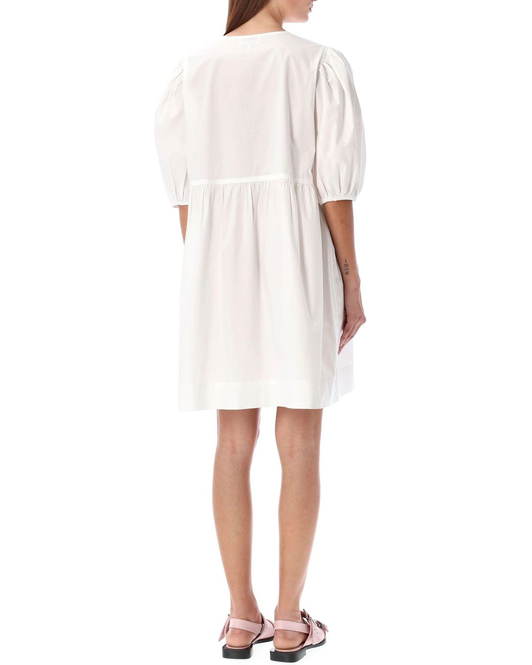 Ganni White Cotton Poplin Mini Dress With Bows