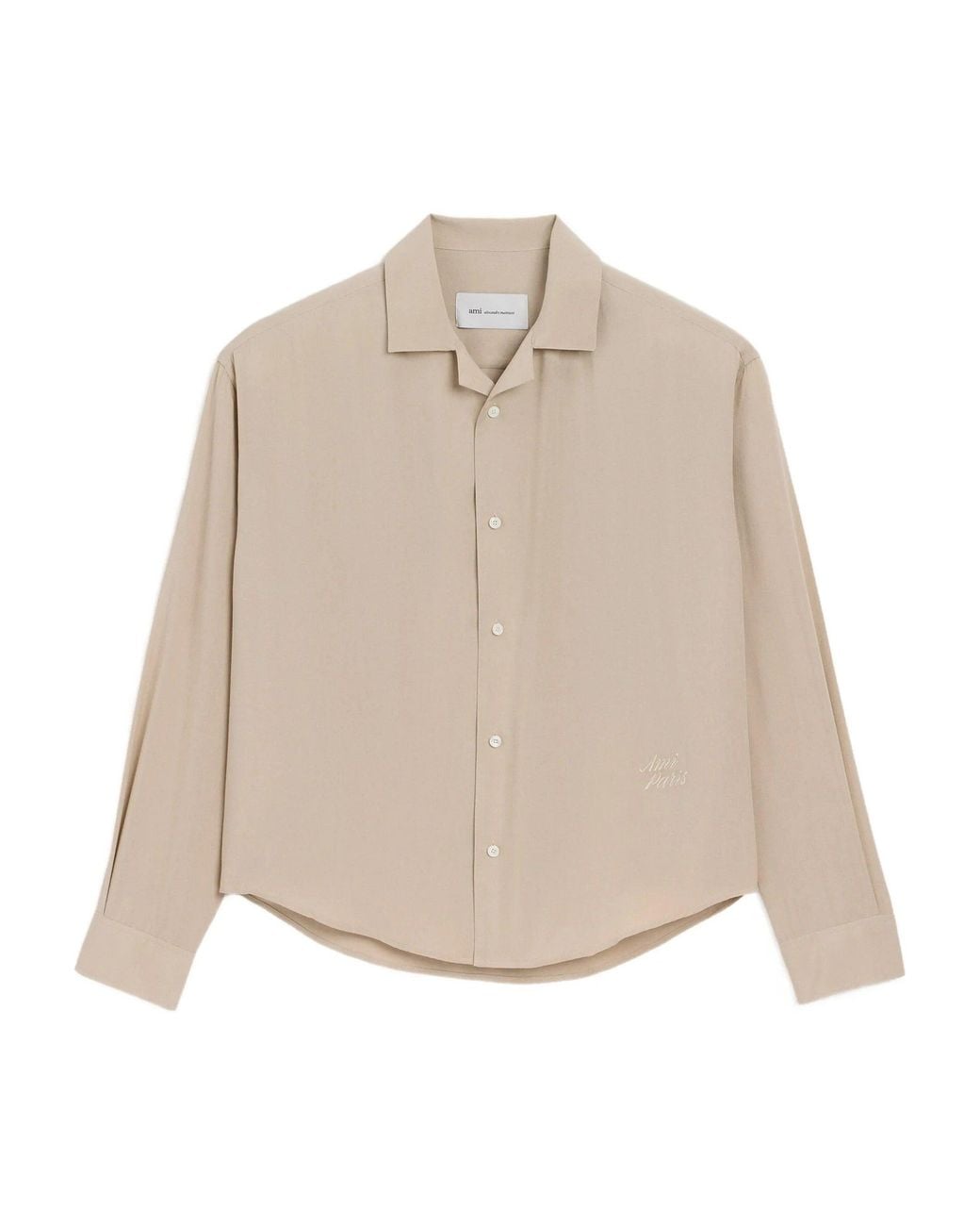 AMI Natural Long Sleeve Boxy Shirt With Camp Collar And Embroidered