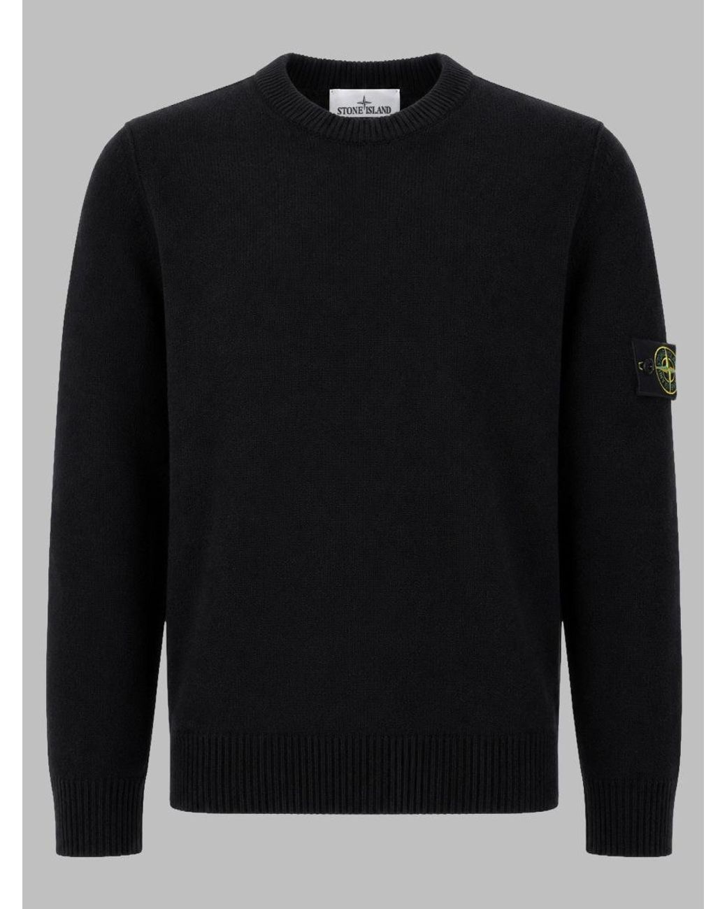 Stone Island Black Wool-Blend Crewneck Sweater With Sleeve Patch for men