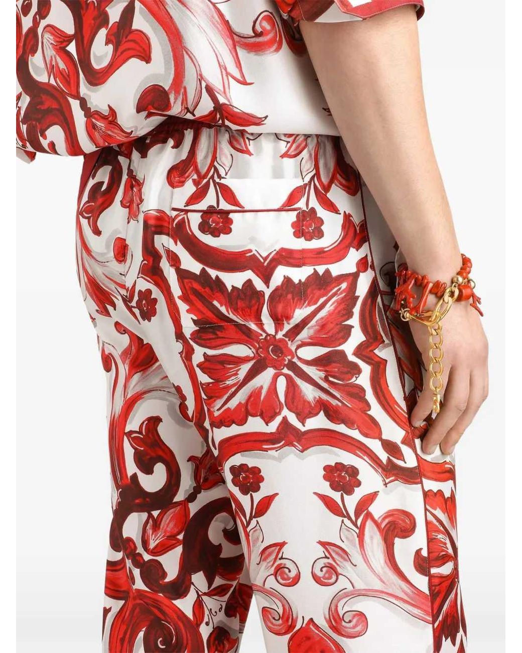 Dolce & Gabbana Red Dolce & Gabbana Twill Vanity Trousers With Majolica Print for men