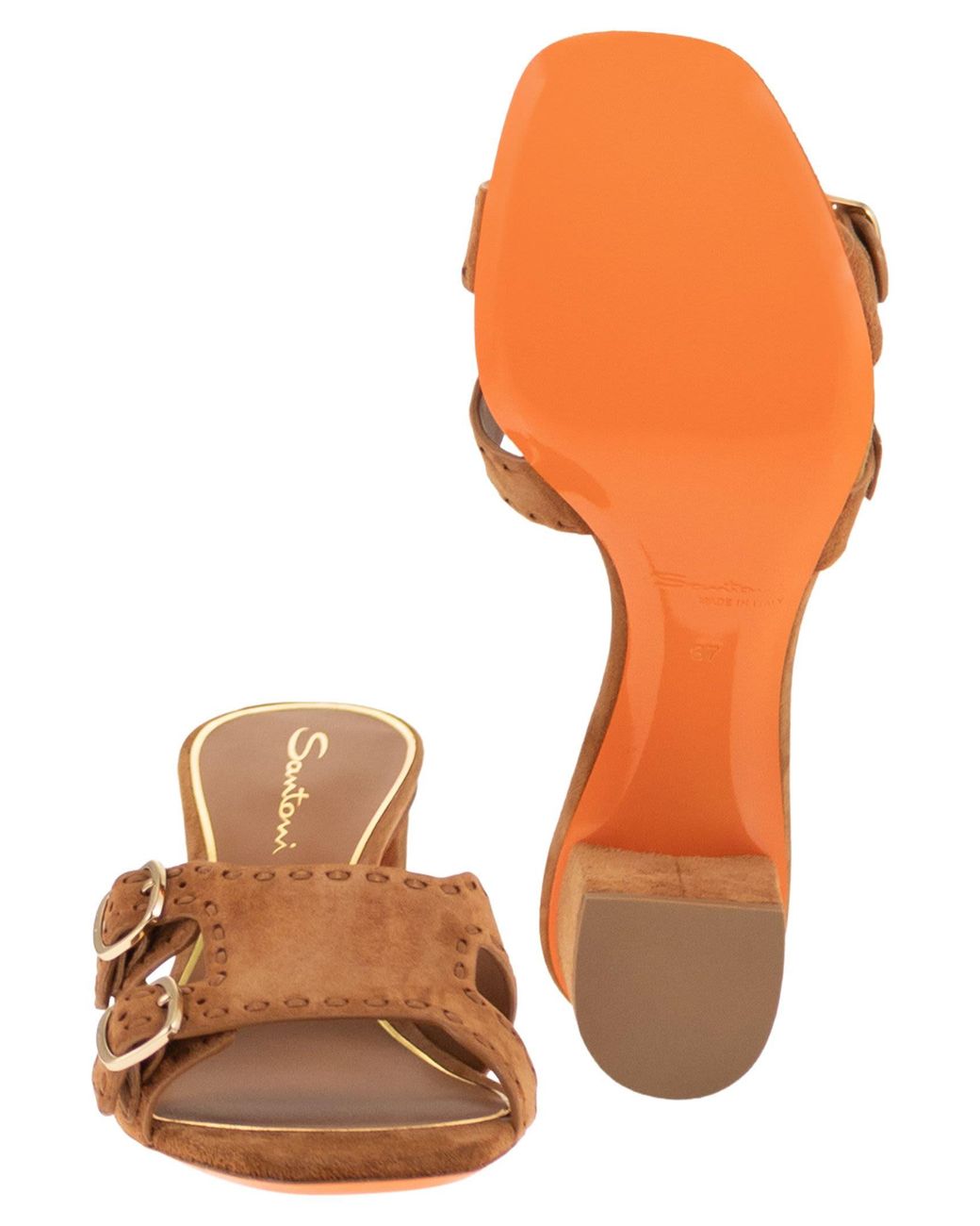 Santoni Brown Suede Mule Sandals With Double Buckle And Block Heel