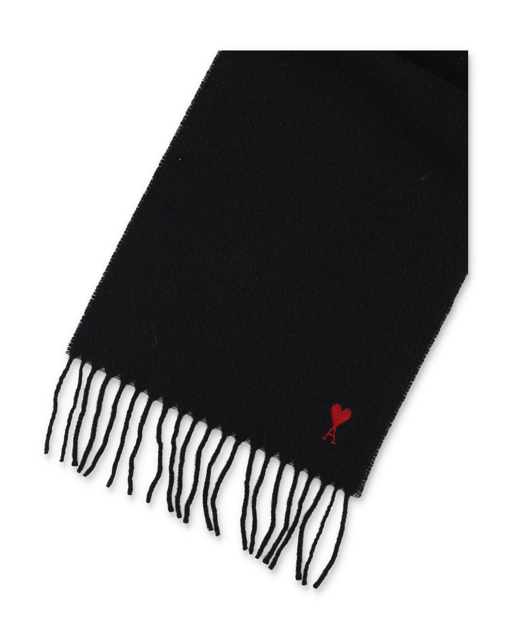 AMI Black Wool Fringe Scarf With Embroidered Heart Logo