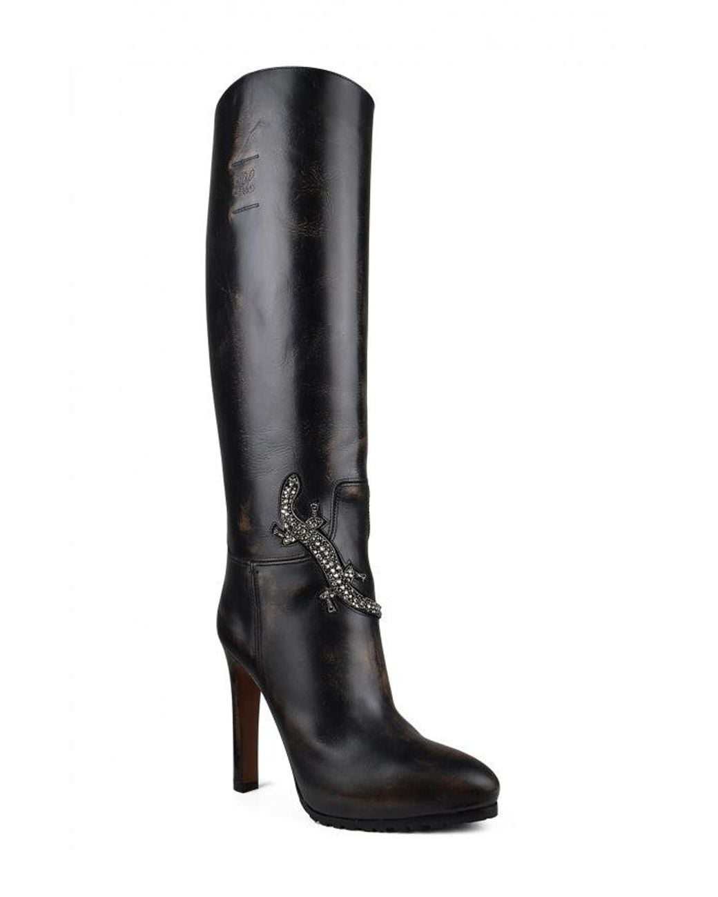Ralph Lauren Black Sequined Reptile Leather Almond-Toe Boots