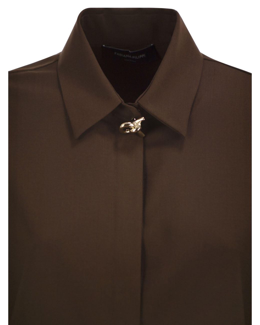 Fabiana Filippi Brown Virgin Wool Stretch Shirt With Zama Jewel Detail