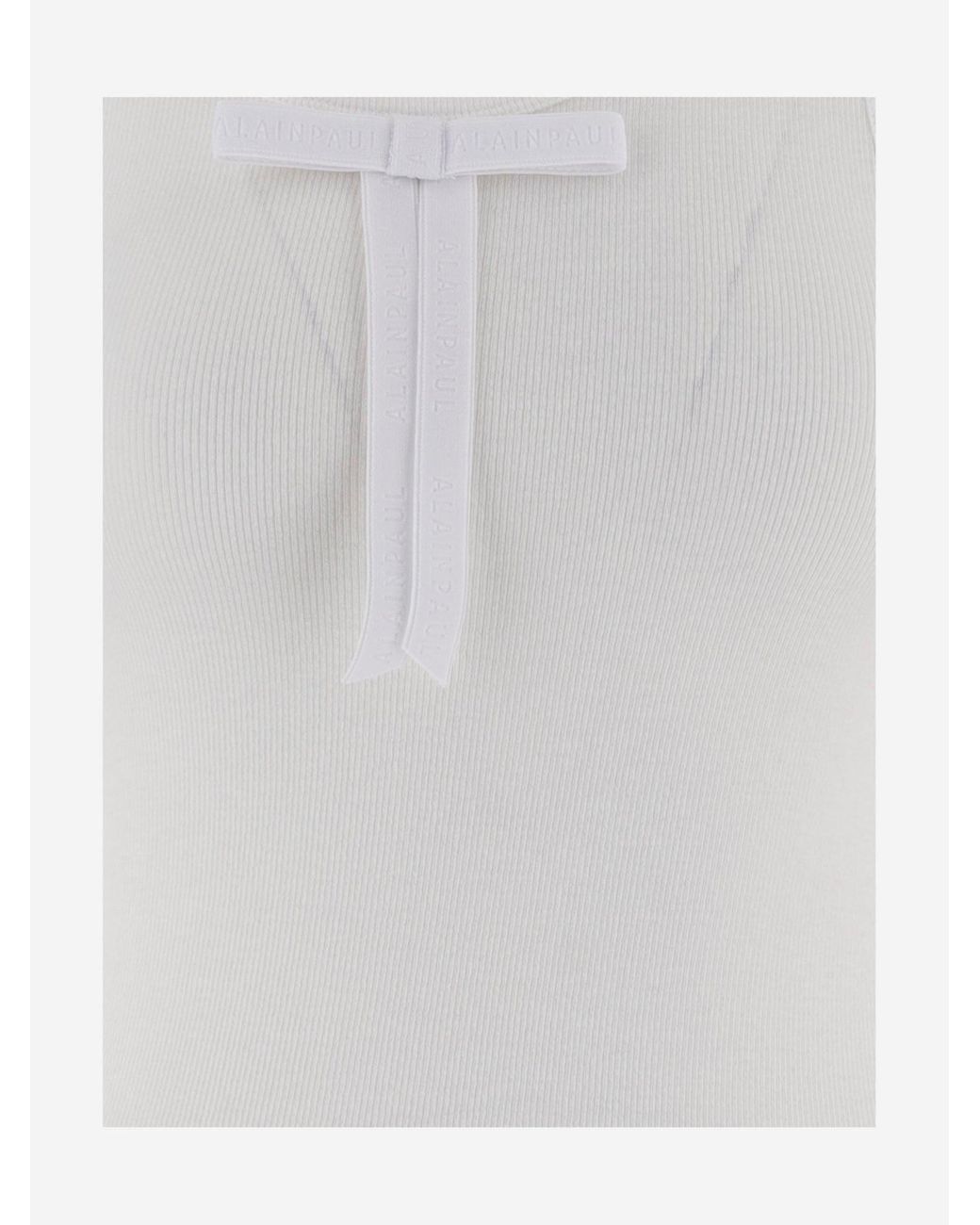 ALAINPAUL White Ribbed Stretch Lyocell Top With Bow Tops