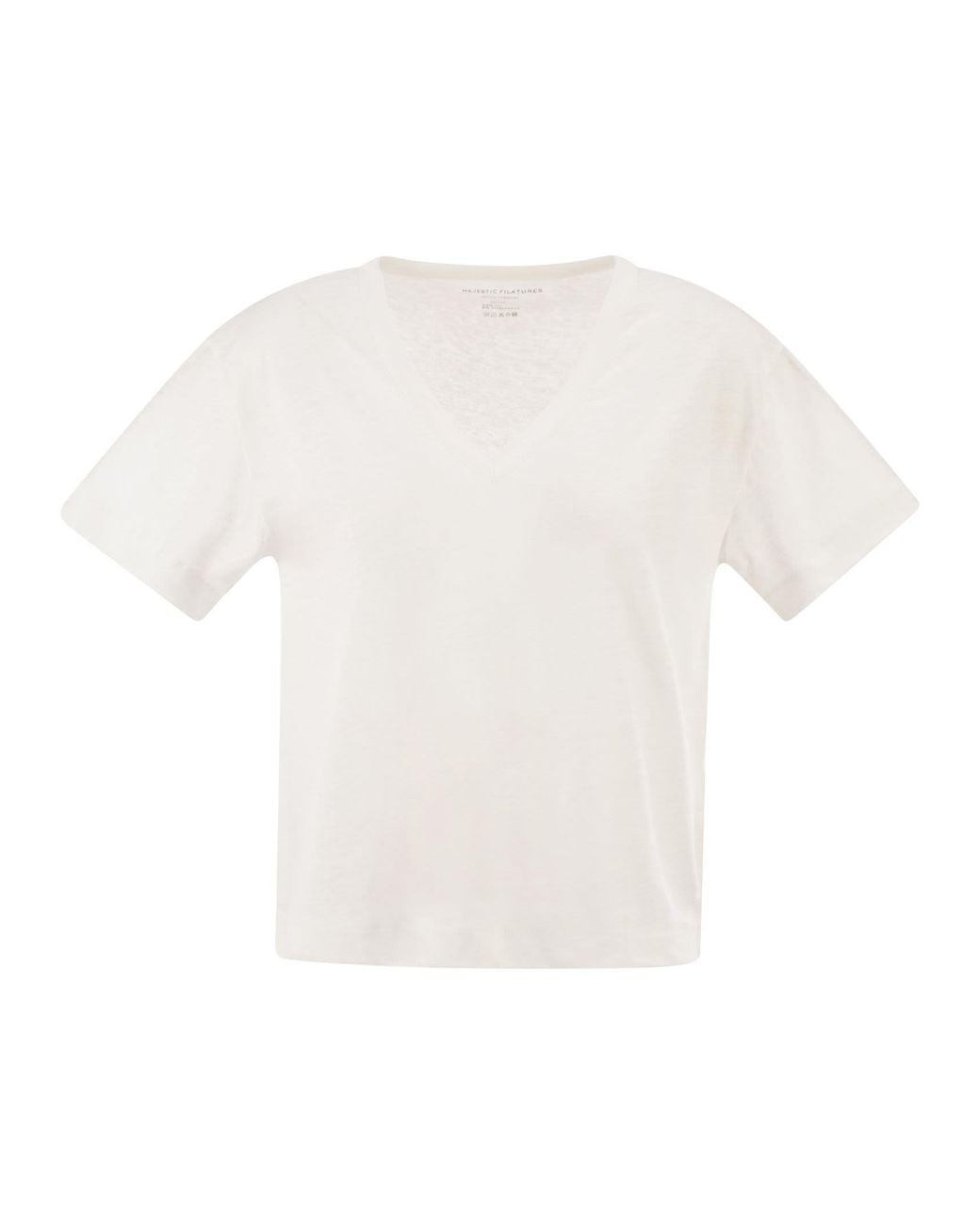 Majestic White Stretch Linen T Shirt With V Neck