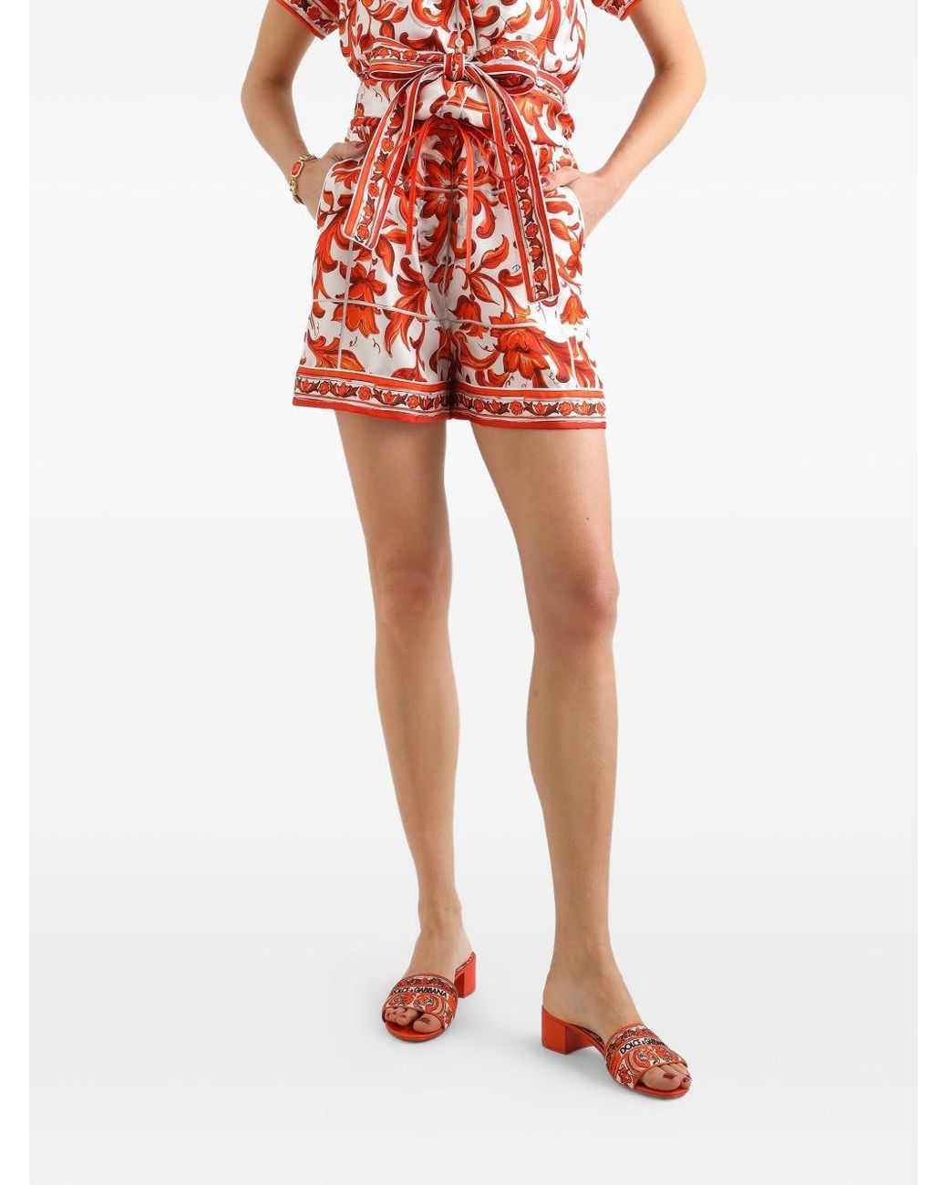 Dolce & Gabbana Red Majolica-Print Silk Bermuda