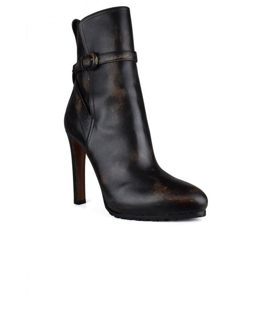 Ralph Lauren Black Distressed Leather Almond-Toe Ankle Boots
