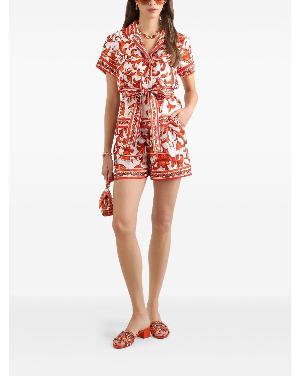 Dolce & Gabbana Red Majolica-Print Silk Bermuda