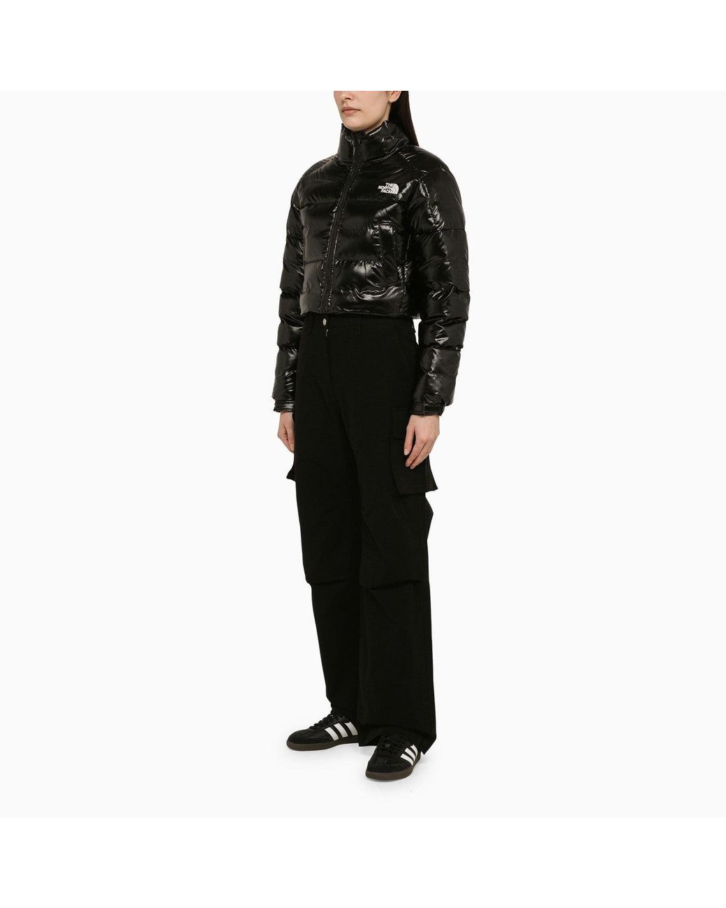 The North Face Glossy Cropped Nylon Down Jacket in Black | Lyst