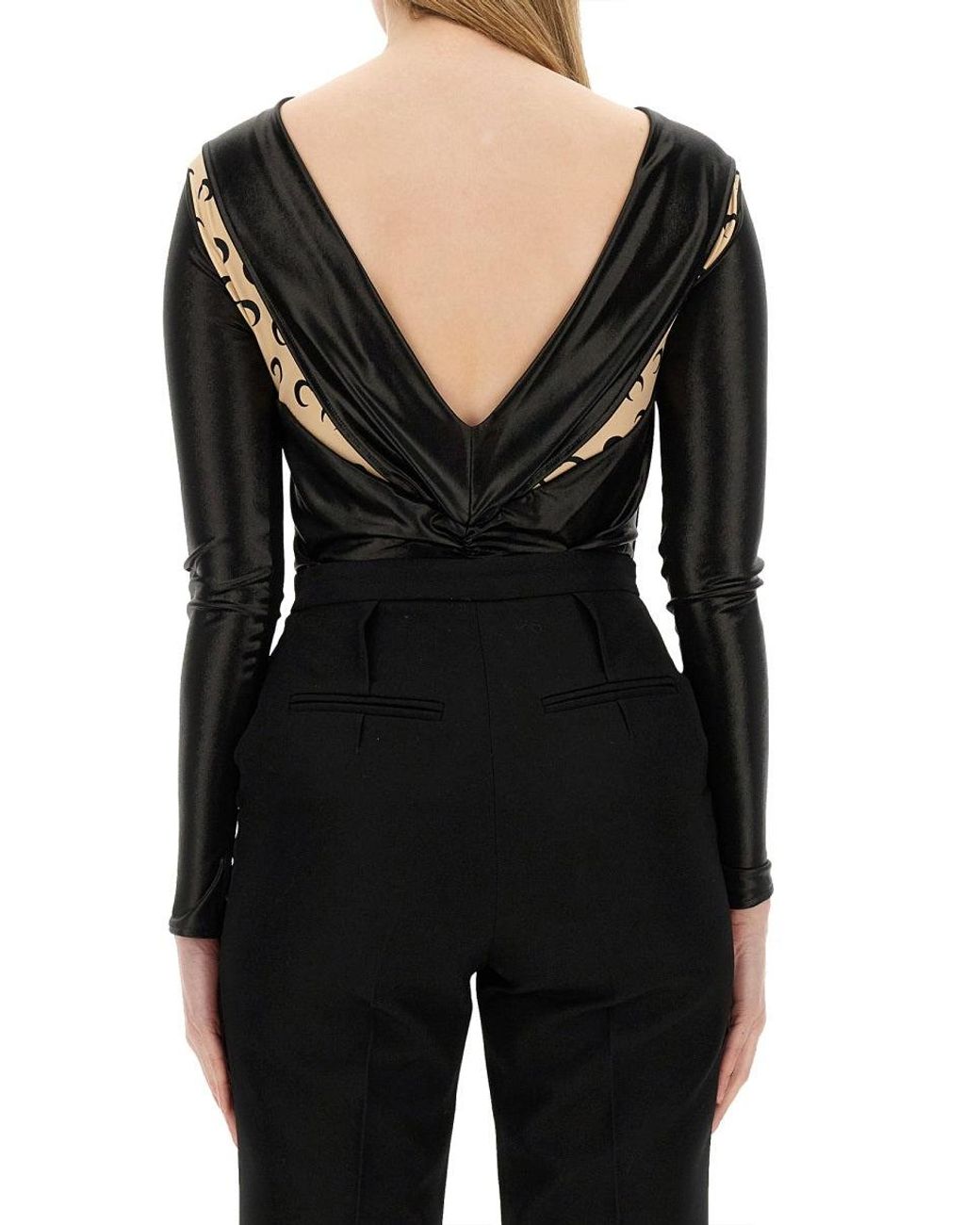 MARINE SERRE Black Draped Bodysuit With Glossy Fabric