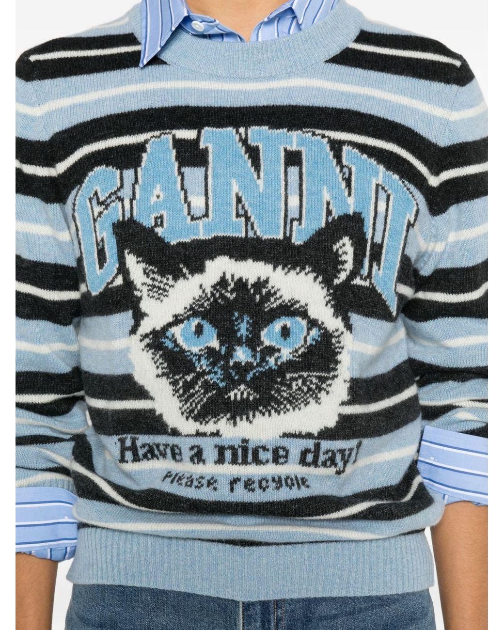 Ganni Blue Wool Crewneck Sweater