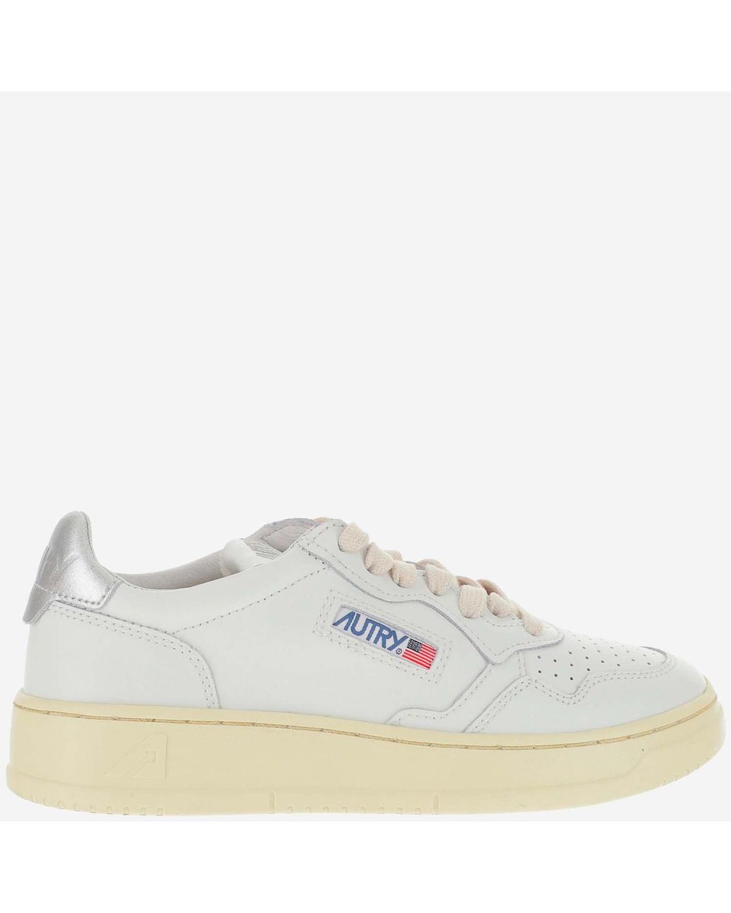 Autry White Leather Trainers With Front Lacing And Metallic Heel Tab