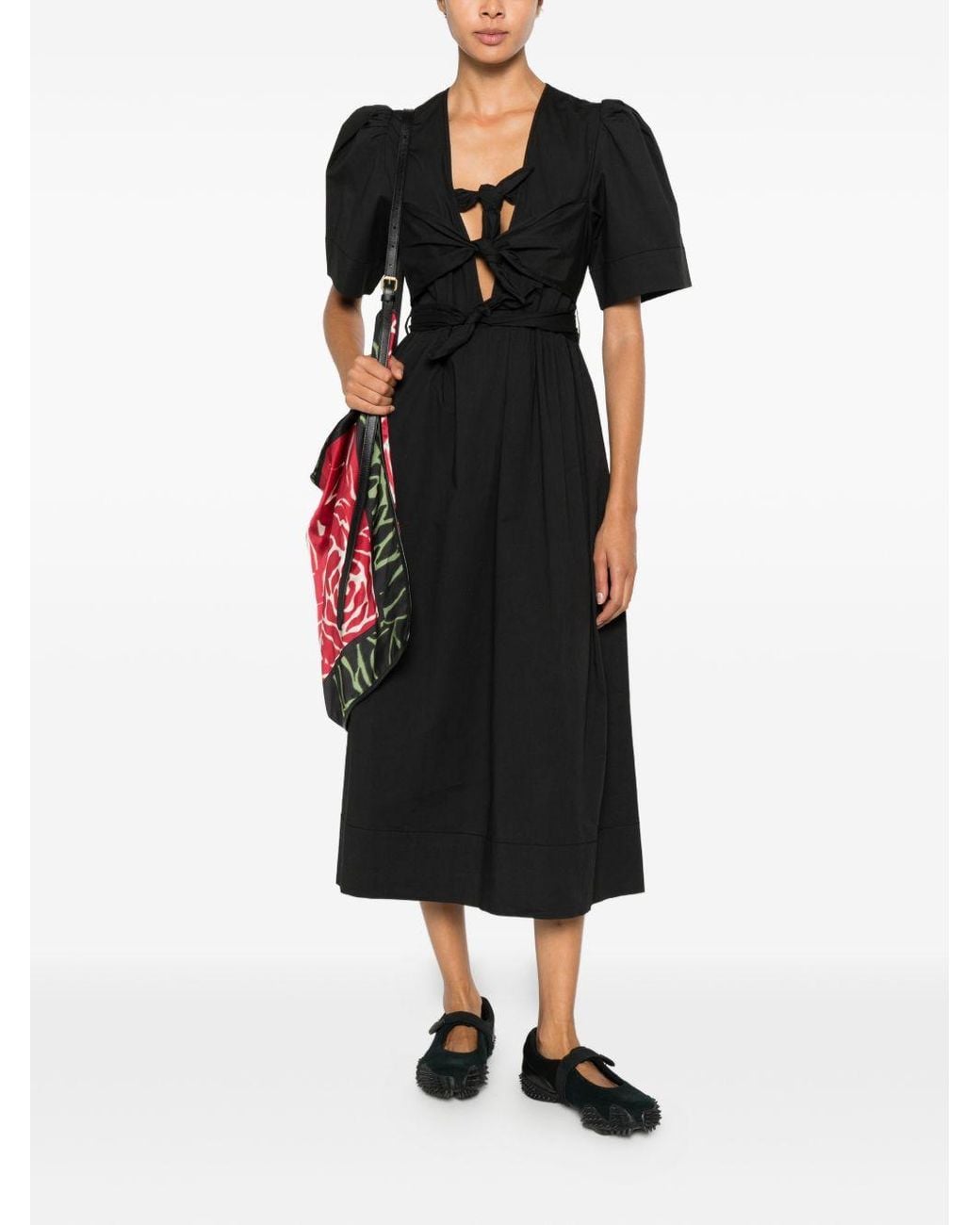 Ganni Black V Neck Midi Dress
